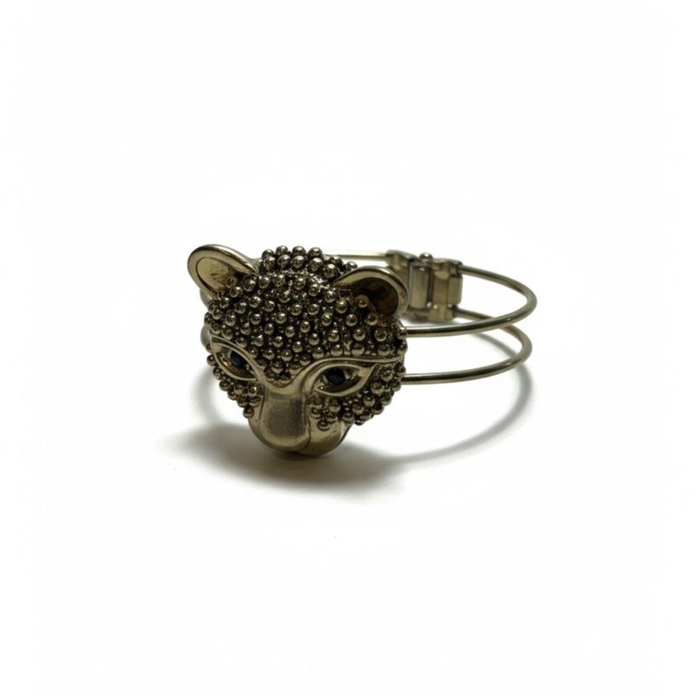 Gold Tone Leopard Panther Head Hinged Cuff Bracelet Statement Animal Jewelry